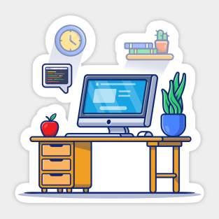 Workspace Computer With Apple And Plant Sticker